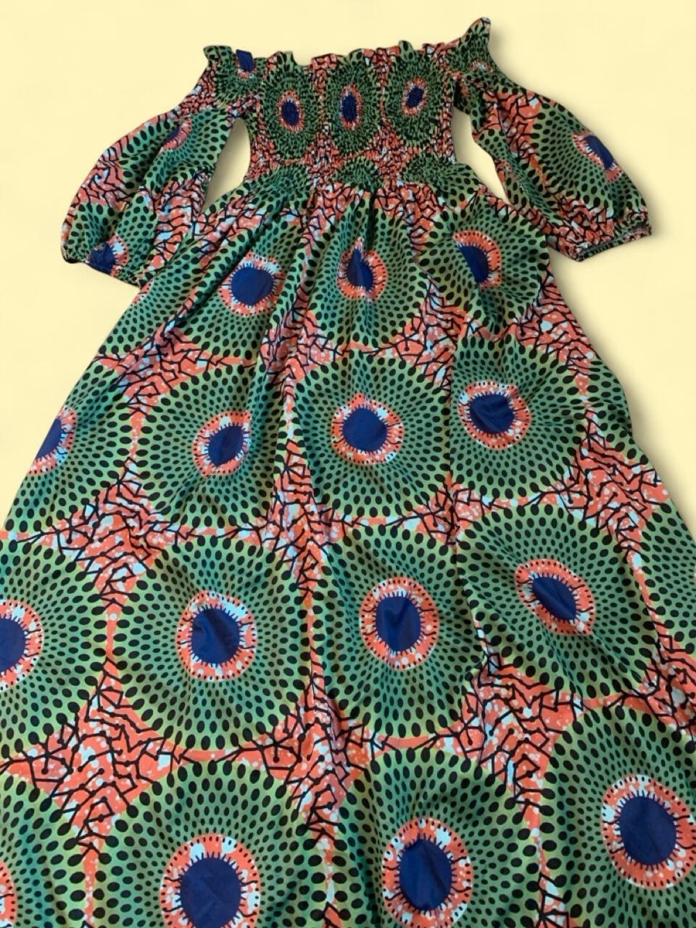 Smocked Off-Shoulder Green and Coral Printed Girls' Dress